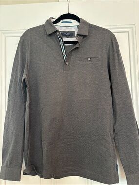 Ted Baker Men's Long Sleeve Charcoal Grey Polo with Contrast Placket